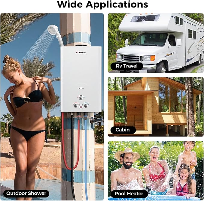 CAMPLUX Outdoor Tankless Water Heater Propane 4.22 GPM Propane Tankless Water Heater 16L Outdoor Water Heater for Camping Remote Cabins Tiny House &amp Mobile Home 110000 BTU BW422