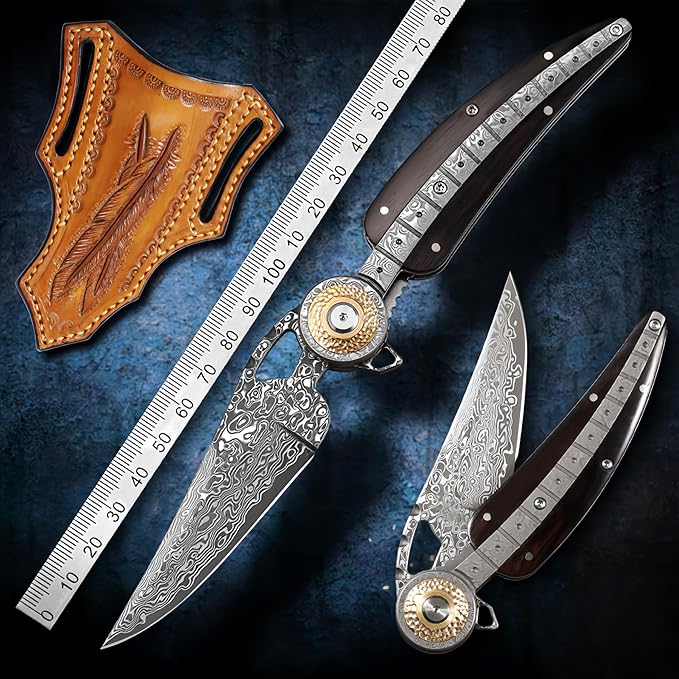 Damascus Steel Folding Knife HRC 60 Pocket Knife for Men Hand Forged Damascus Steel Blade Vegetable Tanned Leather Sheath Ebony Handle Hunting Knives &amp Tools Gifts for Guys