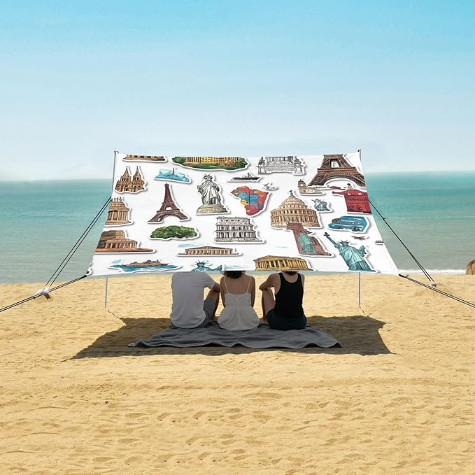 ALAZA Scenery Stickers Travel Beach Tent Sun Shelter UPF50+ Protection Beach Shade Canopy w/ 4 Sandbags for Outdoor Camping Fishing Backyard Fun Picnic 10x9 ft
