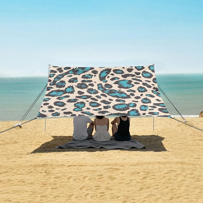 Leopard Print Style Paleturquoise Beach Tent UPF50+ Water-Resistant Large Portable Sun Shelter with Carrying Bag for Family Trips Picnics &amp Camping
