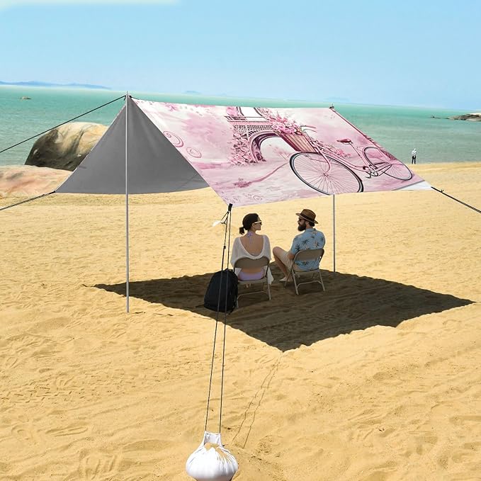 Beach Canopy with Windproof Ropes &amp Sandbags Beach Tent Sun Shade Sun Shelter for Camping Trips Fishing Backyard Fun or Picnics Eiffel Tower