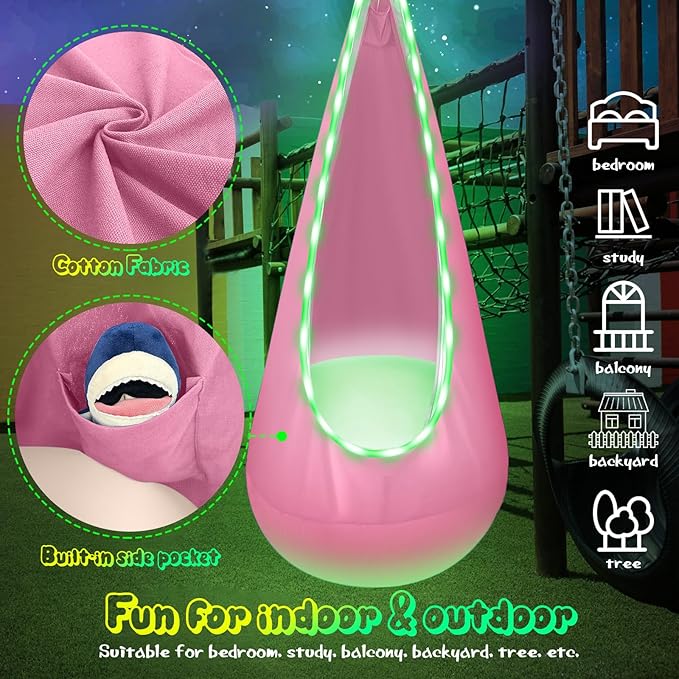Light Up Kids Pod Swing Seat Upgraded Kids Hanging Hammock Swing with LED Lights Cotton Sensory Pod Swing Chair with Inflatable Pillow Pod Swing for Kids Indoor &amp Outdoor (Light Pink)