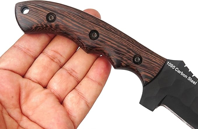 Ottoza 1095 Carbon Steel Tracker Knife with Horizontal Carry Leather Sheath – Full Tang Fixed Blade Survival Knife for Outdoors and Wenge Wood Handle 412
