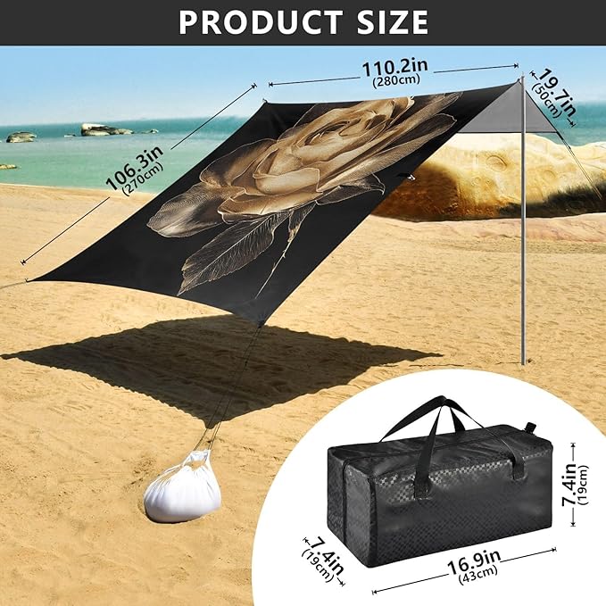 ALAZA Crystal Gold Rose Flower Beach Tent Sun Shelter UPF50+ Protection Beach Shade Canopy w/ 4 Sandbags for Outdoor Camping Fishing Backyard Fun Picnic 10x9 ft