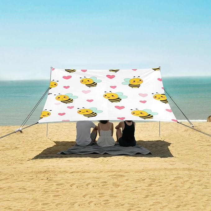 Beach Canopy with Windproof Ropes &amp Sandbags Beach Tent Sun Shade Sun Shelter for Camping Trips Fishing Backyard Fun or Picnics Bees