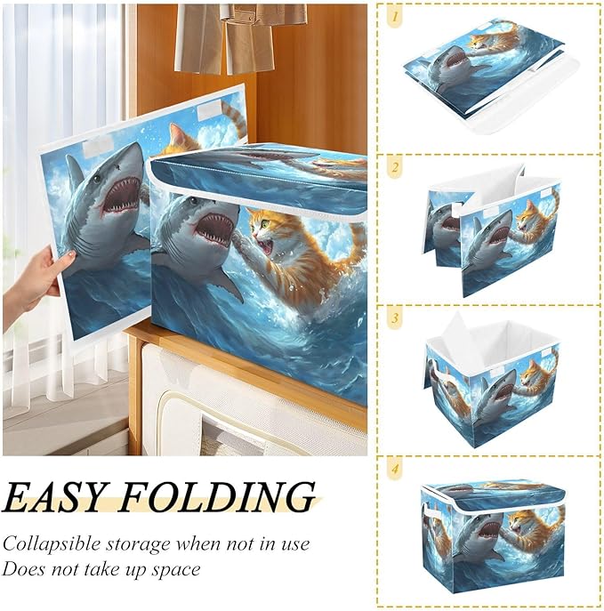 Storage Cube with Lid Cat and Fish Print 16.5×12.6×11.8 IN Collapsible Large Capacity Foldable Storage Basket Bin Organizer