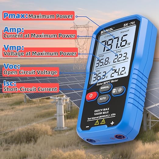Solar MPPT Power Tester for Photovoltaic Modules 1000 W 80 V DC Max 35 A Automatic &amp Manual Power Measurement Voc Isc Vmp Pmax 3.2 LCD with Backlight Portable PV Tester (SK-705)