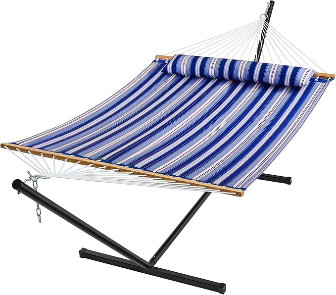 SUPERJARE Hammock with Stand 2 Person Quilted Outdoor Hammock Detachable Pillow &amp Bamboo Spreaders Portable Hammock with Carrying Bag Heavy Duty Stand Perfect for Outside Navy Blue Stripe
