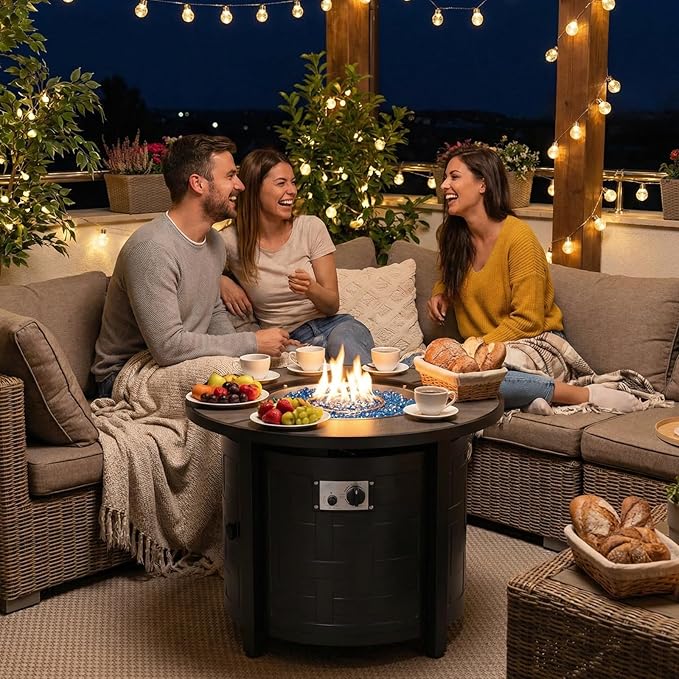 TLGREEN Propane Fire Pit Table 30 Inch Round – 50000 BTU Outdoor Fire Pit with Lid Converts to Patio Coffee Table Certified Includes Waterproof Cover &amp Blue Fire Glass(Grey)