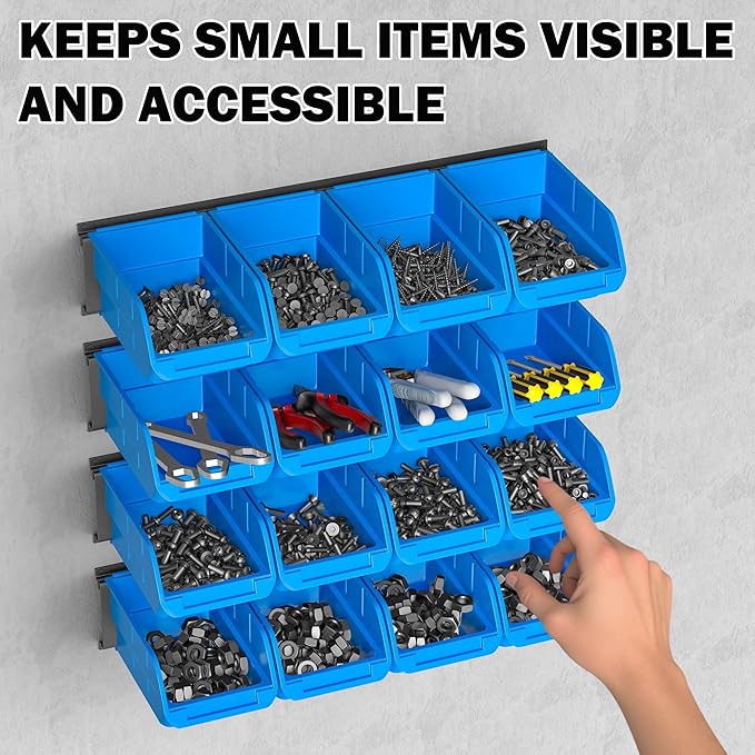 Ultrawall Wall Mounted Storage Bins Plastic Hanging Storage Organizer Bins Garage Tool Storage System for Screws Nuts Bolts Nails and Small Hardware Parts 16x bins &amp 4 x rails Blue