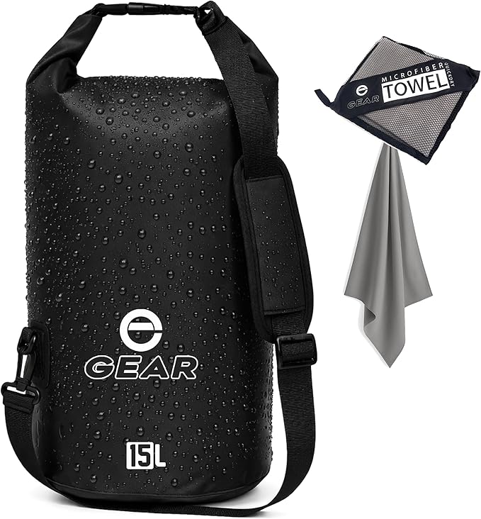 Enthusiast Gear Dry Bag 15L – Waterproof Floating Roll Top Dry Sack for Kayaking Boating Camping &amp Beach – Includes Quick Dry Microfiber Towel (Black)