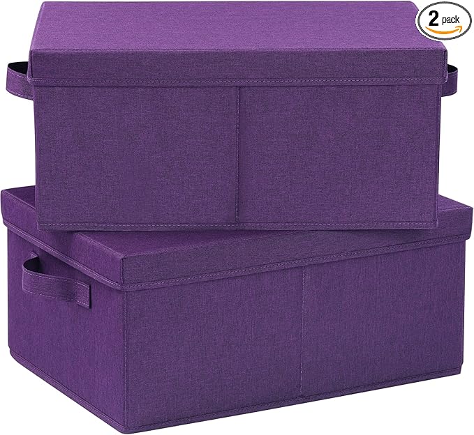 HOONEX Storage Bins with Lids for Organizing Pack of 2 Storage Boxes with 2 Carry Handles and Sturdy Heavy Cardboard 16.5 L x 11.8 W x 7.5 H for Shoes Books Clothes Nursery Dark Purple