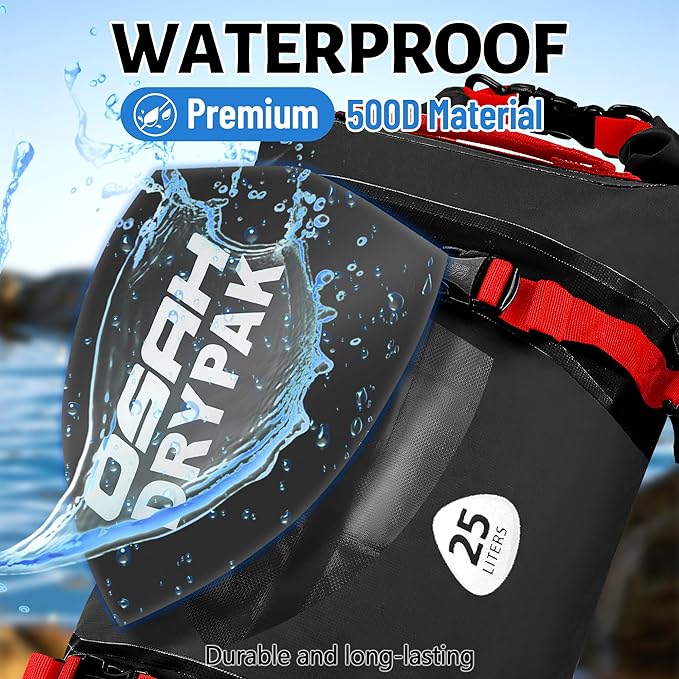 OSAH DRYPAK 25L Waterproof Dry Bag - Motorcycle Luggage Tail Bag with Straps for Back Seat Roll Top Lightweight Waterproof Backpack Sack for Travel Swimming Boating Kayaking Camping and Beach