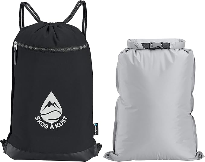 Skog Å Kust GymSak | Patented 2-in-1 Drawstring Cinch Bag with Removable Waterproof Dry Bag | Black &amp Grey