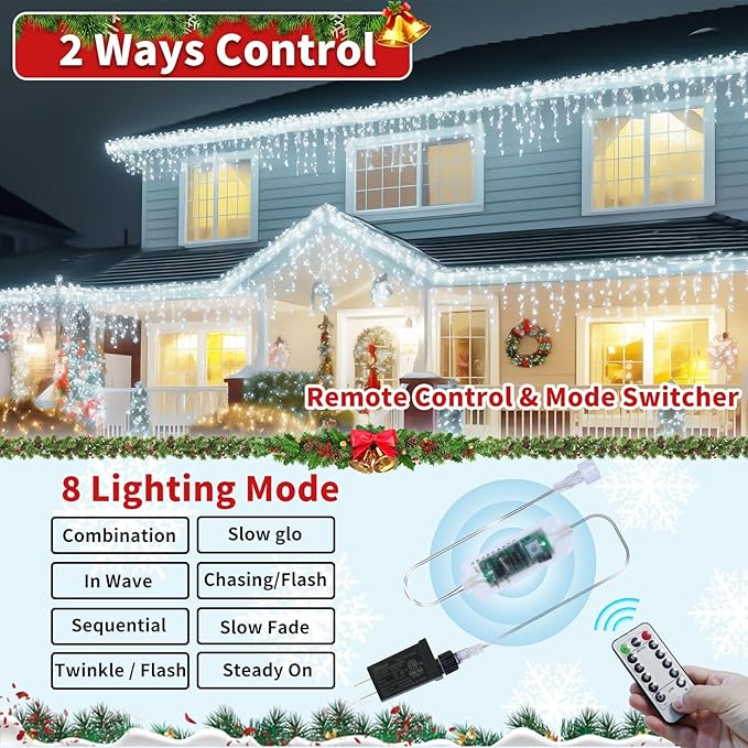 Icicle Christmas Lights for Outside - 65Ft 506 LED Plug-in Icicle String Lights Outdoor Decorations with RemoteWaterproof Cool White Christmas Icicle Lights for House Bedroom Balcony Decor