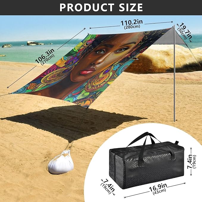 ALAZA African American Woman Bohomian Beach Tent Sun Shelter UPF50+ Protection Beach Shade Canopy w/ 4 Sandbags for Outdoor Camping Fishing Backyard Fun Picnic 10x9 ft