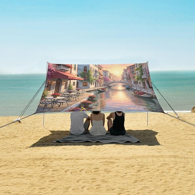 xigua Landscape Beach Tent Sun Shelter with Carrying Bag - Silver Coated Oxford Fabric Beach Canopy for Beach Camping Fishing - Includes Windproof Ropes Sandbags &amp Stakes