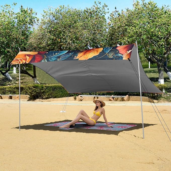 ALAZA Dreamy Rose Flower Beach Tent Sun Shelter UPF50+ Protection Beach Shade Canopy w/ 4 Sandbags for Outdoor Camping Fishing Backyard Fun Picnic 10x9 ft