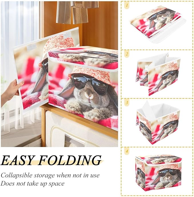 Storage Cube with Lid Rabbit on Beach Print 16.5×12.6×11.8 IN Collapsible Large Capacity Foldable Storage Basket Bin Organizer