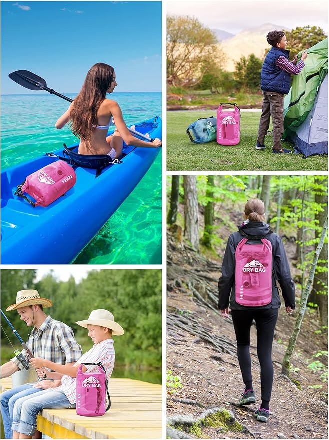 HEETA Waterproof Dry Bag with Phone Case Bundled with Upgraded Version with Emergency Whistle for Women Men Roll Top Lightweight Dry Storage Bag Backpack (Pink 5L)