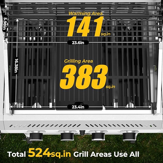 R.W.FLAME 4-Burner Gas Grill with Side Burner Stainless Steel Propane Grill 42000BTU for Outdoor Cooking with Porcelain-Enameled Cast Iron Grates Baking Pan Silver