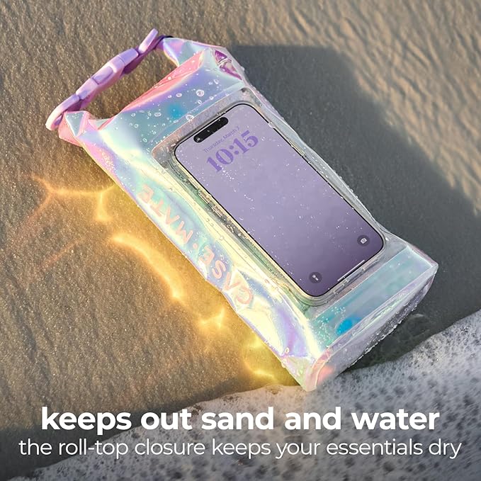 Case-Mate Soap Bubble Mini IP68 Waterproof Bucket Bag - Roll Top Dry Bag 2L Cap with Waterproof Pouch for Swimming Kayaking Boating Travel and More - for Phones Up to 7 - Iridescent
