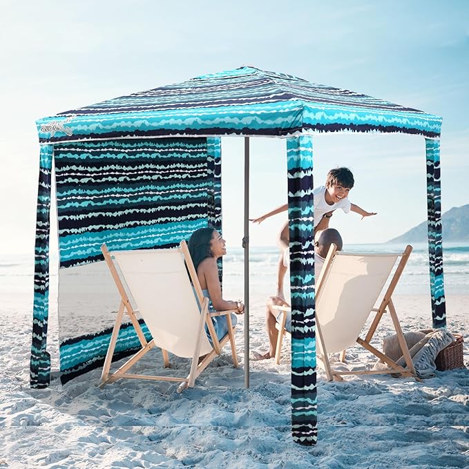 Jihfmo Beach Cabana 6.2'×6.2' Beach Canopy with Side Wall UPF 50+ UV Protection Easy Setup Tent Sun Shelter with Sand Pockets for Whole Family (Green Stripes)