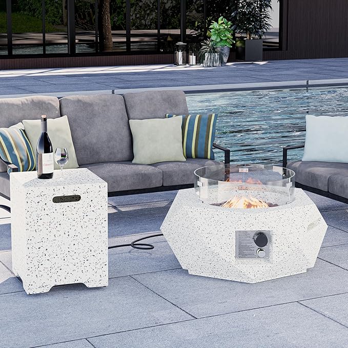 HOMPUS Hexagon Fire Pit Table Outdoor Propane Fire Pit Table w Free Lava Rocks &amp Rain Cover Terrazzo Colorful Fire Pit w Tank Cover Table &amp Wind Guard for Patio Outside