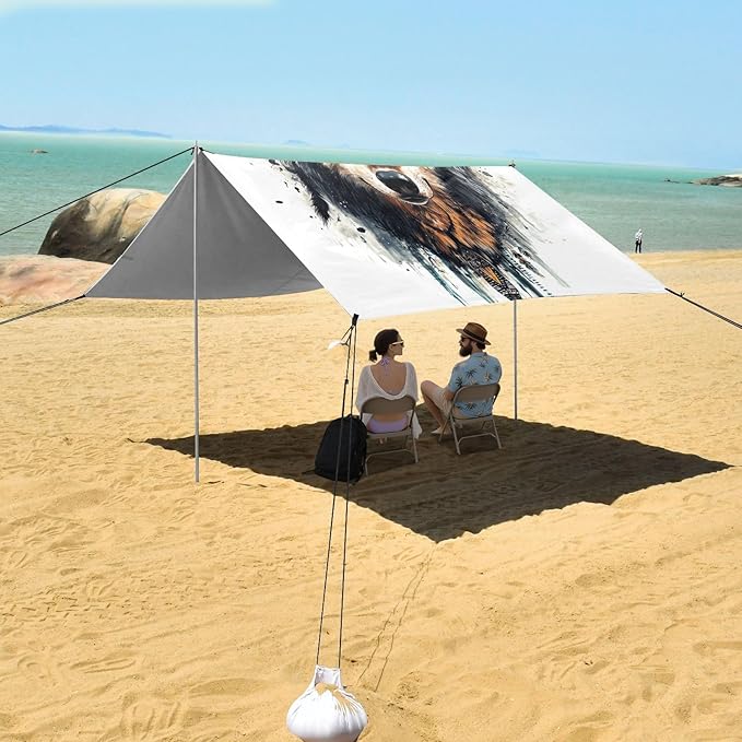 ALAZA Boho Wolf Ethnic Beach Tent Sun Shelter UPF50+ Protection Beach Shade Canopy w/ 4 Sandbags for Outdoor Camping Fishing Backyard Fun Picnic 10x9 ft
