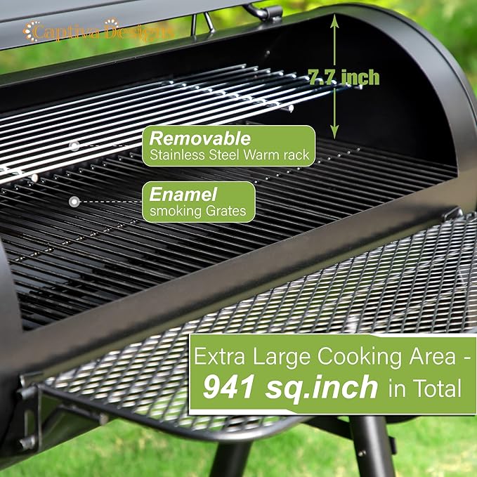 Captiva Designs Heavy Duty Outdoor SmokerExtra Large Cooking Area(941 sq.in. in Total) Offset Smoker Best Charcoal Smoker and Grill Combo for Outdoor Garden Patio and Backyard Cooking