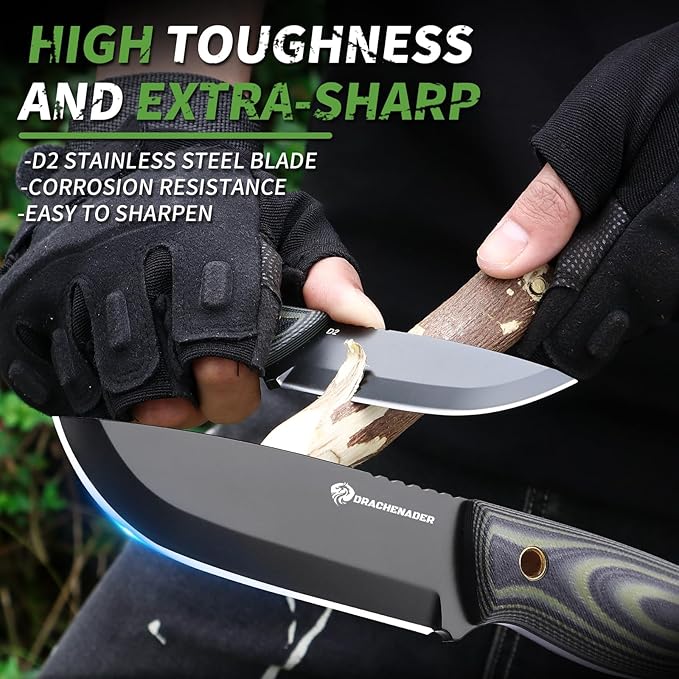 Fixed Blade Survival Knife with Fire Starter Whistle &amp Compass Full Tang D2 Steel Blade Horizontal Carry Sheath for Outdoor Sports