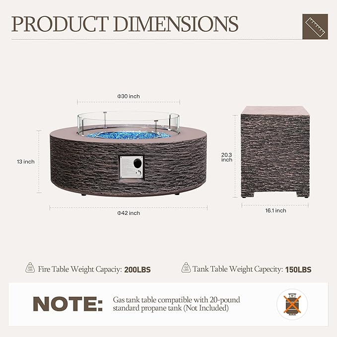 UPHA 42-inch Outdoor Propane Gas Fire Pit Table 50000 BTU Concrete Round FirePit for Outside Patio with Propane Tank Cover Wind Guard Blue Glass Rocks Rain Cover Reddish Brown