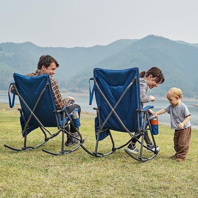 EVER ADVANCED Oversized Folding Rocking Camping Chair Padded Portable Rocker Chair for Patio Lawn and Outdoors Heavy Duty Hard Armchair for Adults Supports 400lbs Blue