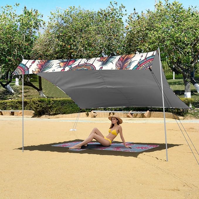 ALAZA Dreamcatcher Boho Beach Tent Sun Shelter UPF50+ Protection Beach Shade Canopy w/ 4 Sandbags for Outdoor Camping Fishing Backyard Fun Picnic 10x9 ft