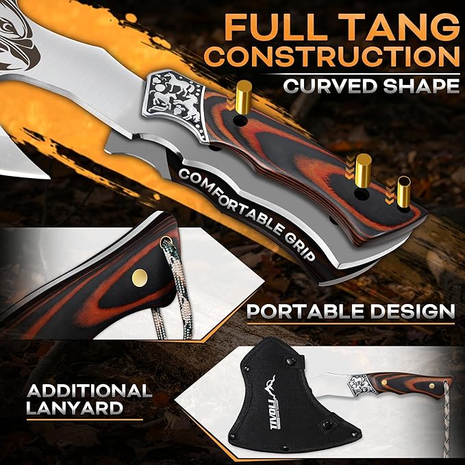 TIVOLI Camping Axe Eagle - Patterned Survival Hatchet with Nylon Sheath High Carbon Steel Blade Compact Outdoor Bushcraft Axe with Ergonomic Wood Grip Camping Gear for Hiking Chopping Hunting