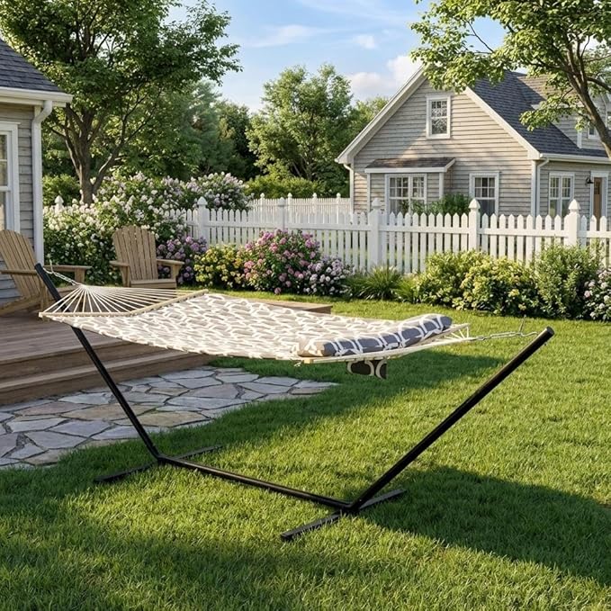 Heavy Duty Double Hammock with Steel Stand for 2 Persons – 450 lbs Capacity Padded Mat &amp Pillow Portable Rope Design Ideal for Patio Garden Backyard Indoor &amp Outdoor – Light Grey Texture