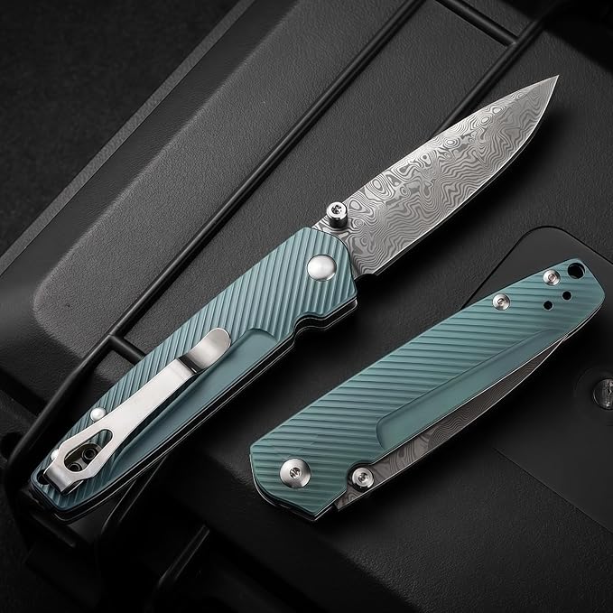Damascus Steel Knife Knives HRC 61Damascus Steel Folding Pocket Knife with Titanium Handle Knives for Men Gifts for Hunters Men who have Everything Camping EssentialsGift Ideas for Boyfriend