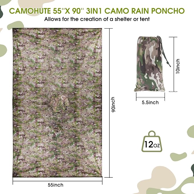 Military Camo Rain Poncho Extra Large Tactical Poncho Shelter with Pocket Waterproof for Hunting Hiking Camping Emergency