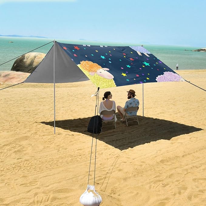 Beach Canopy with Windproof Ropes &amp Sandbags Beach Tent Sun Shade Sun Shelter for Camping Trips Fishing Backyard Fun or Picnics Sheep