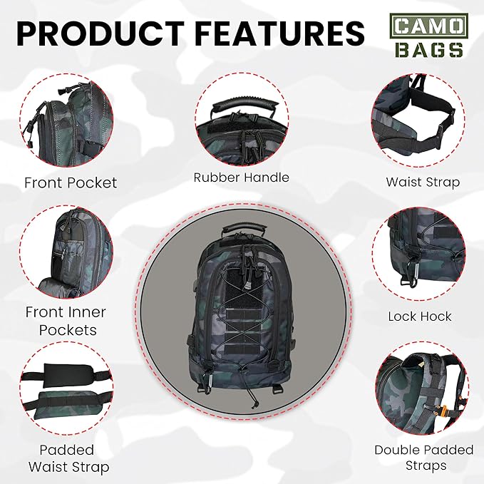 Camo Expandable Travel Backpack with 1000 Denier Cordura Polyester - Backpack For Men with Padded Straps &amp Multiple Compartments - Hiking Backpack for Campers Travelers with Large-Capacity Storag
