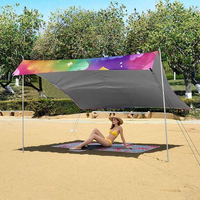 ALAZA Rainbow Love Hearts Stars Beach Tent Sun Shelter UPF50+ Protection Beach Shade Canopy w/ 4 Sandbags for Outdoor Camping Fishing Backyard Fun Picnic 10x9 ft