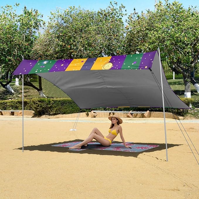 Mardi Gras Carnival Tie Coin Beach Cabana UPF50+ Protection Easy Setup Large Portable Sun Shelter with Sand Pockets for Backyard and Camping