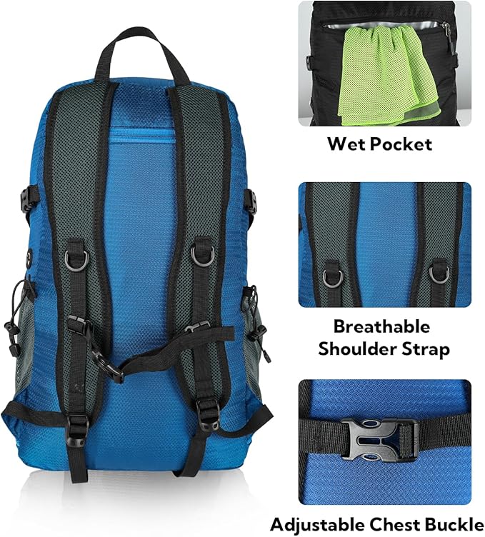 WATERFLY Lightweight Packable Hiking Backpack: 30L Foldable Travel Daypack Ultralight Camping Day Pack for Woman Man