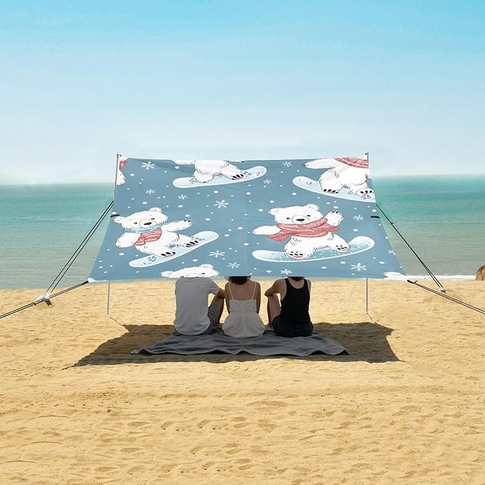 ALAZA Bear Snowboard Winter Beach Tent Sun Shelter UPF50+ Protection Beach Shade Canopy w/ 4 Sandbags for Outdoor Camping Fishing Backyard Fun Picnic 10x9 ft