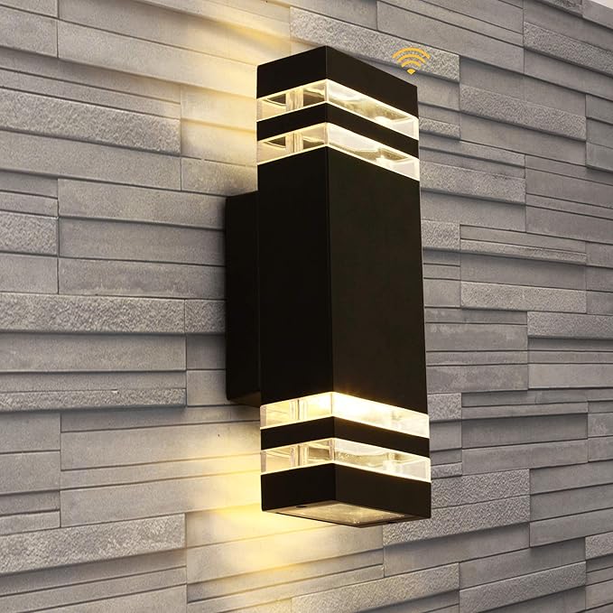 LANFU LED Wall Sconce Waterproof Porch Light 12W (Upgrade Dusk to Dawn Sensor) Black Modern Waterproof Wall Lamps 1000 Lumen2700k Warm White IP65 Waterproof Outdoor Up/Down Light (1 PCS)