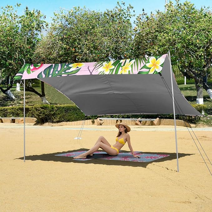 xigua Flamingos Beach Tent Sun Shelter with Carrying Bag - Silver Coated Oxford Fabric Beach Canopy for Beach Camping Fishing - Includes Windproof Ropes Sandbags &amp Stakes