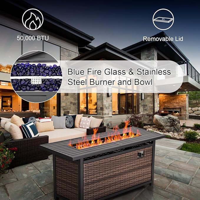 Sophia &amp William 56 Inch Gas Fire Pit Table Outdoor Rattan Propane Fire Table &amp Fireplace with Fire Glass Lid 50000 BTU Firepits for Outside Patio