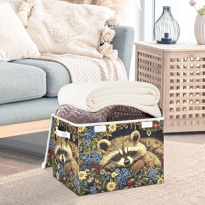 Storage Cube with Lid Raccoon with Floral Print 16.5×12.6×11.8 IN Collapsible Large Capacity Foldable Storage Basket Bin Organizer
