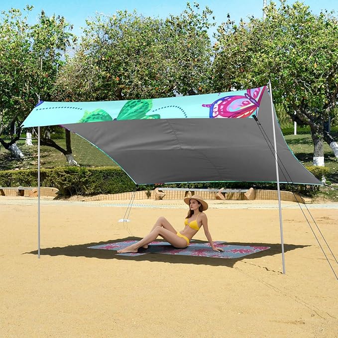 Beach Canopy with Windproof Ropes &amp Sandbags Beach Tent Sun Shade Sun Shelter for Camping Trips Fishing Backyard Fun or Picnics Butterflies