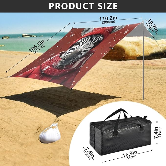 ALAZA Christmas Zebra Beach Tent Sun Shelter UPF50+ Protection Beach Shade Canopy w/ 4 Sandbags for Outdoor Camping Fishing Backyard Fun Picnic 10x9 ft